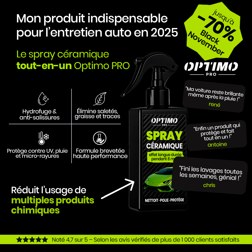 Spray Céramique Optimo™ PRO – traitement protecteur pour carrosserie, effet déperlant longue durée et brillance miroir. Offre Black November jusqu’à -70 %.