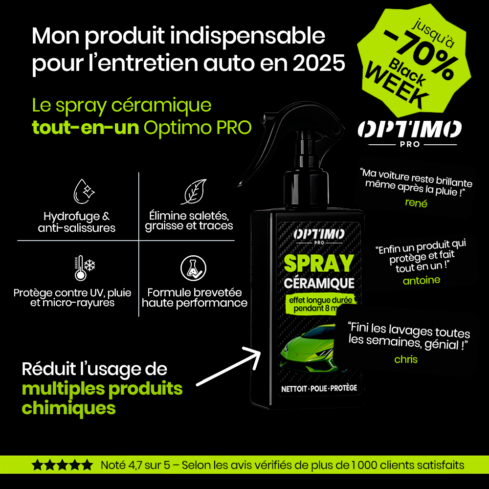 Spray Céramique Optimo™ PRO – traitement protecteur pour carrosserie, effet déperlant longue durée et brillance miroir. Offre Black Week jusqu’à -70 %.