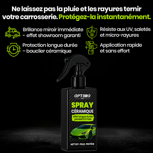 Spray Céramique Optimo™ PRO – protection longue durée pour carrosserie automobile, effet brillant miroir, résiste à la pluie, aux UV et aux micro-rayures, application rapide sans effort.
